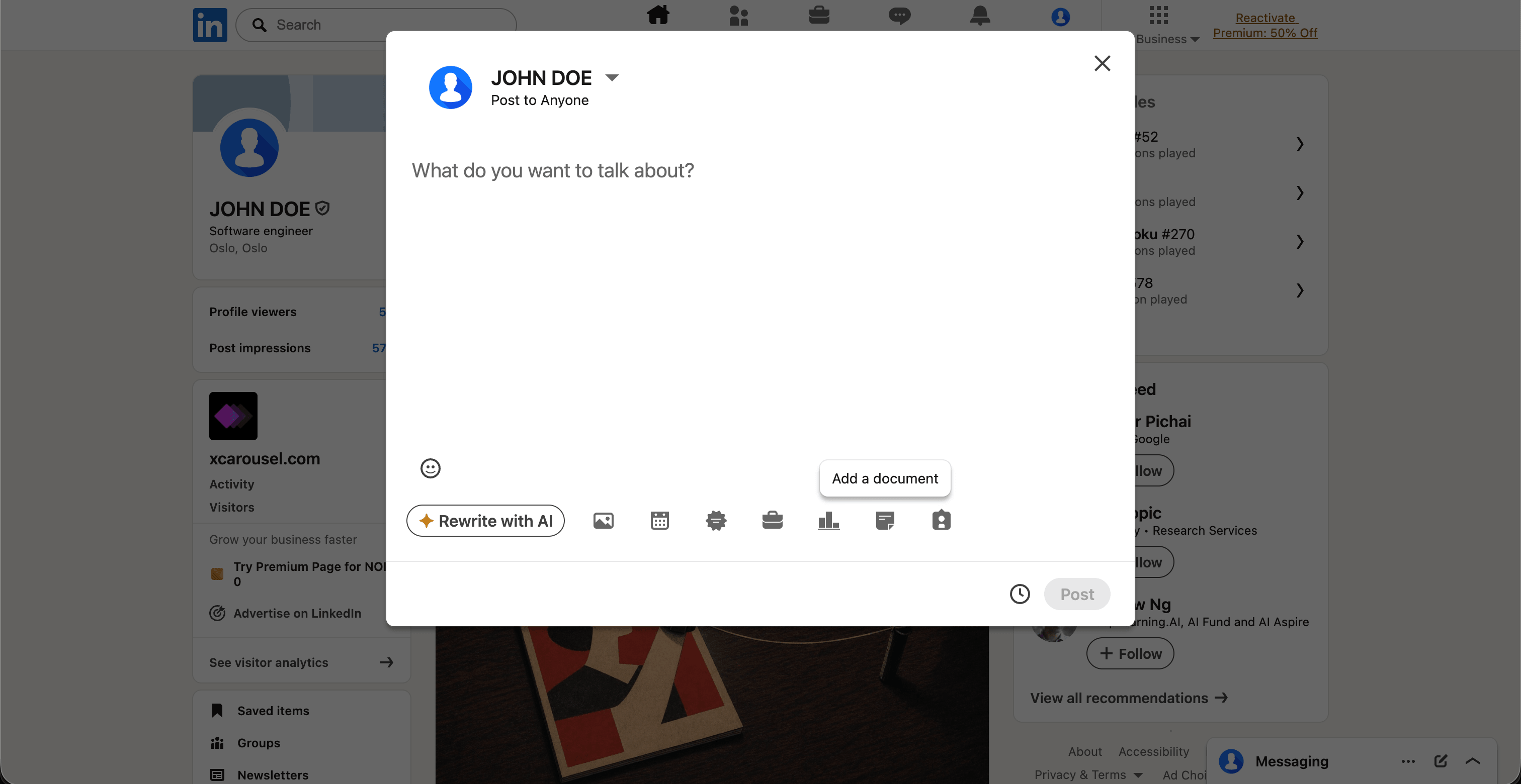 LinkedIn's Add a document button in the post composer